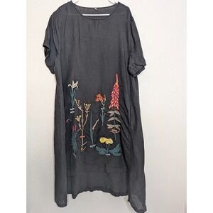 Mordenmiss Long Line Dress Black Womens XXL Oversize Lagenlook Floral Boho Linen